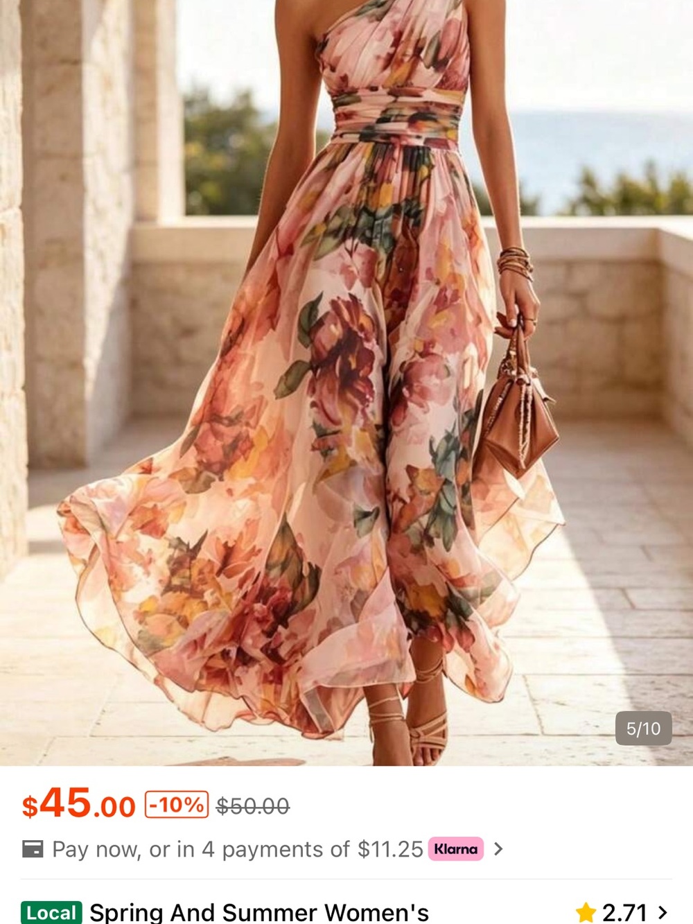 Pink Floral One-Shoulder Chiffon Maxi Dress - no liner attached